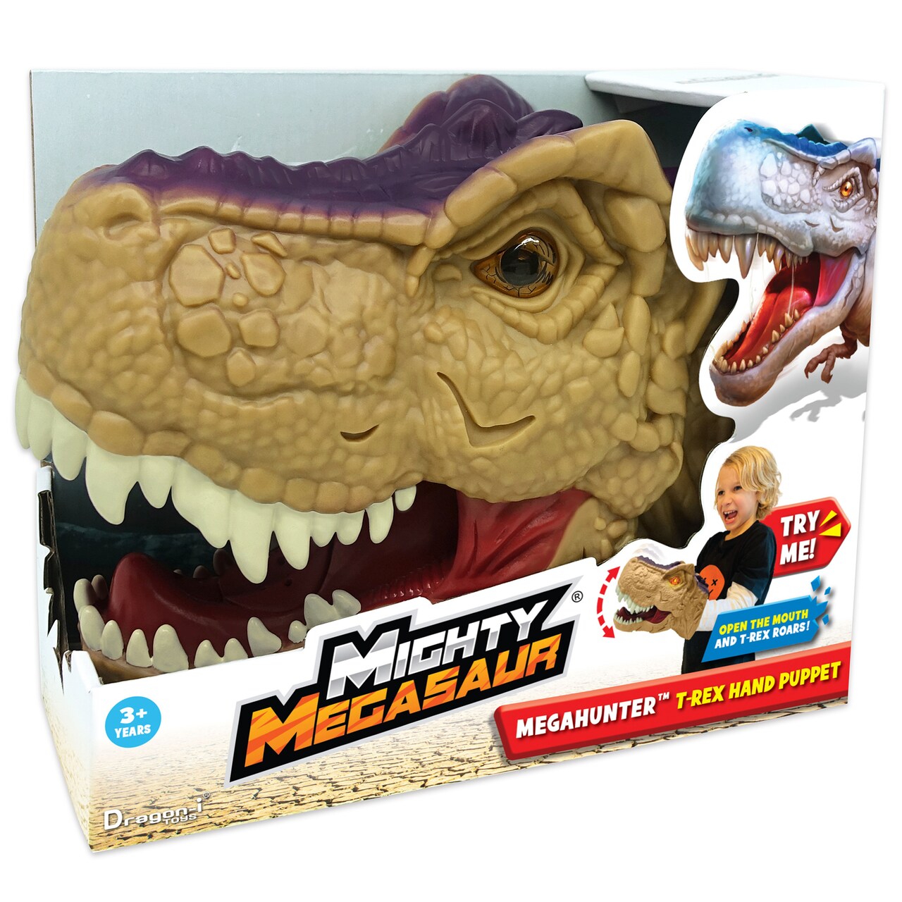 Dragon-i: Mighty Megasaur - Megahunter T-Rex Hand Puppet - Brown - Open & Close The Mouth, Roaring Sounds, Light-Up Eyes, Realistic Dino Head, Kids 3+